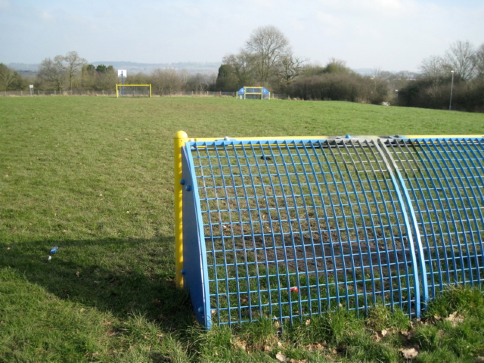 A grass kickabout area with blue and yellow goals and a basketball hoop